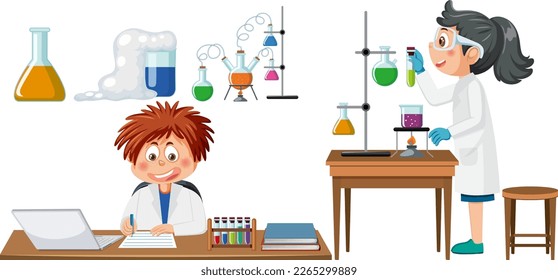 Scientist and student doing chemistry experiment illustration