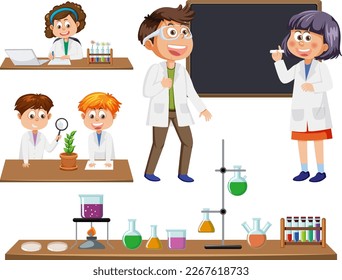 Scientist and student doing chemistry experiment illustration