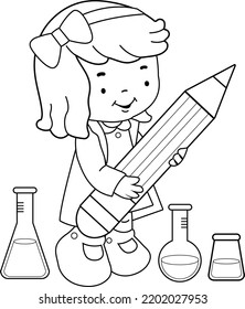 Scientist student girl using chemistry test tubes, doing science experiments and taking notes with a big pencil. Vector black and white coloring page.
