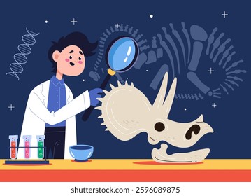 Scientist studies dinosaurs at laboratory. Vector graphic simple doodle line art outline design illustration