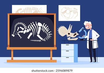 Scientist studies dinosaurs at laboratory. Vector graphic simple doodle line art outline design illustration