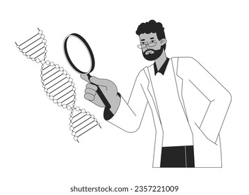 Scientist study DNA helix bw concept vector spot illustration. Biotechnology and engineering 2D cartoon flat line monochromatic character for web UI design. Editable isolated outline hero image