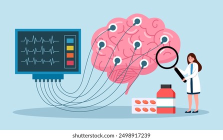 Scientist study human brain and psychology. Doctor neurologist character examine huge organ and diagnosis controlled pills treatment. Neurology disease diagnostics. Treating headache, migraine.