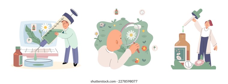 Scientist study research liquid medicine from natural herbal. Medical marijuana research. Modern and traditional medical, Alternative organic herbal drug and chemical medicine. Homeopathy healthcare