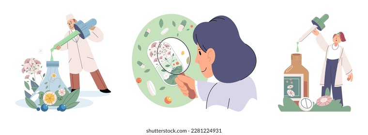 Scientist study research liquid medicine from natural herbal. Medical marijuana research. Modern and traditional medical, Alternative organic herbal drug and chemical medicine. Homeopathy healthcare