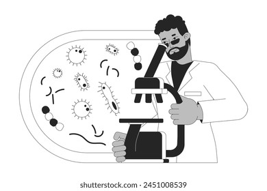 Scientist studying bacterium via microscope black and white 2D line cartoon character. Medical lab assistant isolated vector outline person. Micro biology science monochromatic flat spot illustration