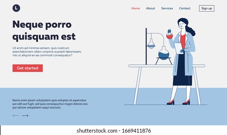 Scientist studying chemical reaction. Woman holding flask, lab worker, chemist flat vector illustration. Chemistry, science, experiment concept for banner, website design or landing web page