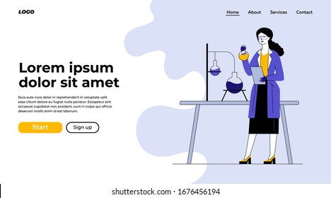 Scientist studying chemical reaction. Woman holding flask, lab worker, chemist flat vector illustration. Chemistry, science, experiment concept for banner, website design or landing web page