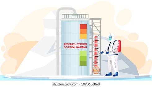 Scientist Studying Climate Change And Working In Research Stations Of Global Warming. Man In Protective Suit Works With Global Warming In Antarctica. Scientist Is Researching Temperature Of Planet