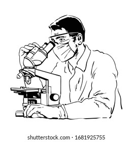 Scientist studying coronavirus.Doctor in protective glasses and mask looking through microscope. Sketch style hand drawn vector illustration.