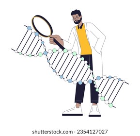 Scientist studying dna flat line concept vector spot illustration. Young man with magnifying glass 2D cartoon outline character on white for web UI design. Editable isolated color hero image