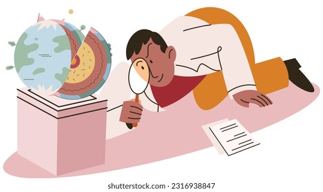 Scientist studying earth layers, examines section of globe with magnifying glass. Core, mantle, crust and lithosphere geological examination and inner section structure exploration with planet model