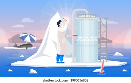 Scientist Studying Main Causes Of Climate Change And Working In Research Stations Of Global Warming. Man In Scientific Coat Works With Global Warming In Antarctica. Whale On Ice Floe Suffers From Heat