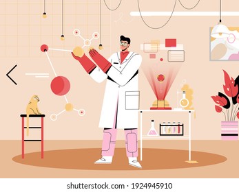 Científico estudiando molécula. Hombre con abrigo blanco que sostiene un gran modelo de estructura molecular. Diseño interior de laboratorio de investigación moderno. Ilustración de carácter vector del experimento científico en laboratorio