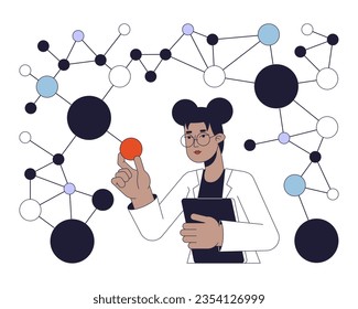 Scientist studying molecules flat line concept vector spot illustration. Atomic, molecular physicist 2D cartoon outline character on white for web UI design. Editable isolated color hero image