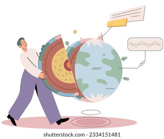 Scientist studying planet in section. Earth layers. Globe research person concept. Core, mantle, crust and lithosphere geological examination and inner section structure exploration with planet model