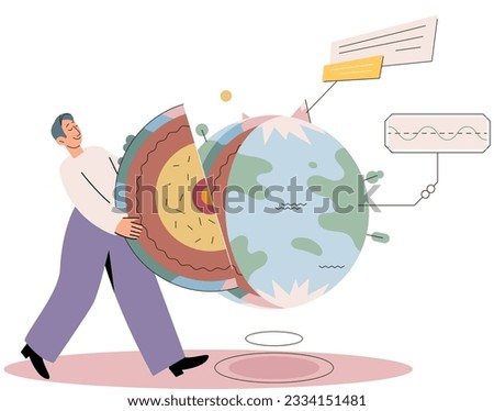 Scientist studying planet in section. Earth layers. Globe research person concept. Core, mantle, crust and lithosphere geological examination and inner section structure exploration with planet model [[stock_photo]] © 