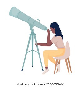 Scientist studying stars with telescope semi flat color vector character. Editable figure. Full body person on white. Astronomy simple cartoon style illustration for web graphic design and animation