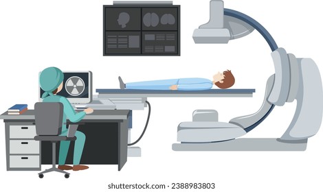 Scientist studying uranium's radioactivity using computer and x-ray