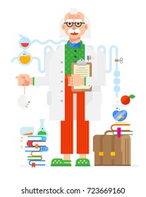 Scientist in the style of the cartoon. Isolated object on white background. Vector illustration. Flat vector illustration. Character  design.