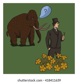 scientist suit holding the hands of a flower. biologist, anthropologist, zoologist. mammoth elephant 