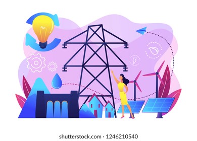 Scientist with sustainable development ideas solar panels, hydropower, wind. Sustainable energy, future-oriented energy, smart energy system concept. Bright vibrant violet vector isolated illustration