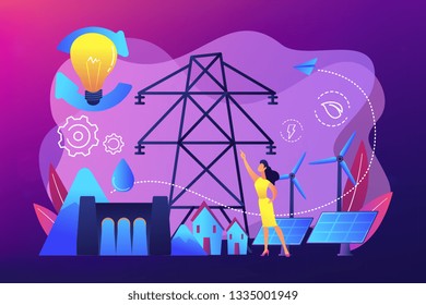Scientist with sustainable development ideas solar panels, hydropower, wind. Sustainable energy, future-oriented energy, smart energy system concept. Bright vibrant violet vector isolated illustration