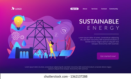 Wissenschaftler mit Ideen für nachhaltige Entwicklung Solarpaneele, Wasserkraft, Wind. Nachhaltige Energie, zukunftsorientierte Energie, Konzept eines intelligenten Energiesystems. Website lebendige violette Landing-Website-Vorlage.