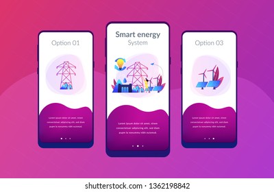 Scientist with sustainable development ideas solar panels, hydropower, wind. Sustainable energy, future-oriented energy, smart energy system concept. Mobile UI UX GUI template, app interface wireframe