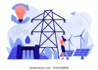 Scientist with sustainable development ideas solar panels, hydropower, wind. Sustainable energy, future-oriented energy, smart energy system concept. Pinkish coral bluevector isolated illustration