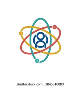 Wissenschaftssymbol. Atom flach Symbol mit Person. Vorlagenvektor erstellen