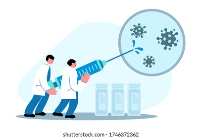 Scientist with syringe and vials create vaccine for coronavirus. Vector flat cartoon illustration concept  of virus vaccination, cure for disease.Design for landing page, template, web, poster, banner