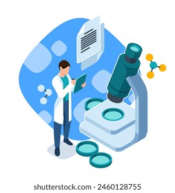 Scientist with a tablet by a microscope, abstract, represents research. Modern isometric vector illustration isolated on white background