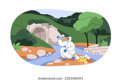 Scientist take sample from water in nature. Testing, studying environment quality, pollution. Ecologist researching aqua with equipment. Flat graphic vector illustration isolated on white background