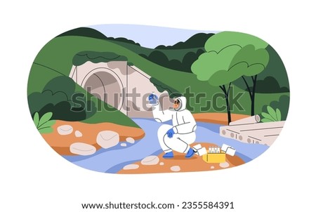 Scientist take sample from water in nature. Testing, studying environment quality, pollution. Ecologist researching aqua with equipment. Flat graphic vector illustration isolated on white background
