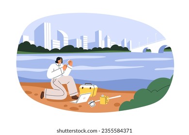 Scientist taking water sample into glass. Ecologist at city river, testing and checking aqua pollution, contents quality, purity. Flat graphic vector illustration isolated on white background