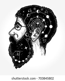 Scientist Tattoo. Double Exposure Portrait Of Hippie Fashionable Man T-shirt Design. Symbol Of Dreamer, Creator, Philosopher 