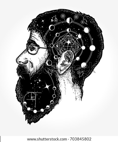 Scientist tattoo. Double exposure portrait of hippie fashionable man t-shirt design. Symbol of dreamer, creator, philosopher 