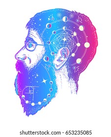 Scientist Tattoo. Double Exposure Style Tattoo Art, Portrait Of Hippie Fashionable Man T-shirt Design. Symbol Of Dreamer, Creator, Philosopher 