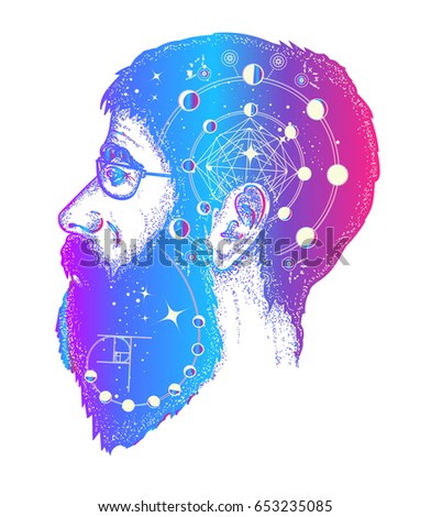 Scientist tattoo. Double exposure style tattoo art, portrait of hippie fashionable man t-shirt design. Symbol of dreamer, creator, philosopher 