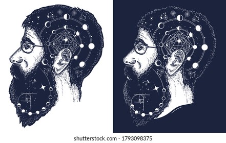 Scientist Tattoo. Symbol Of Dreamer, Creator, Philosopher. Double Exposure Style Art, Portrait Of Hippie Fashionable Man T-shirt Design. Black And White Vector Graphics 