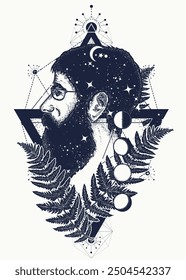 Scientist tattoo. Symbol of dreamer, creator, philosopher. Double exposure style art, portrait of hippie fashionable man. Sacred geometry t-shirt design