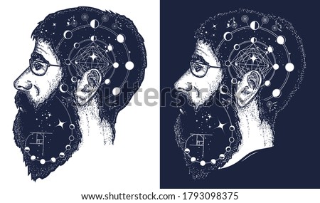 Scientist tattoo. Symbol of dreamer, creator, philosopher. Double exposure style art, portrait of hippie fashionable man t-shirt design. Black and white vector graphics 