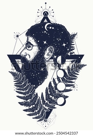 Scientist tattoo. Symbol of dreamer, creator, philosopher. Double exposure style art, portrait of hippie fashionable man. Sacred geometry t-shirt design