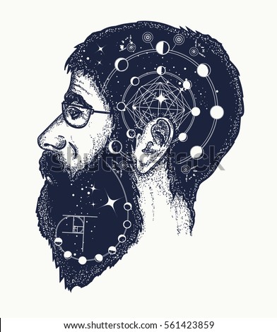 Scientist tattoo. Symbol of dreamer, creator, philosopher. Double exposure style art, portrait of hippie fashionable man, t-shirt design