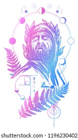 Scientist tattoo and t-shirt design. Great prophet, genius, creator of universe. Symbol of science, art, education, poetry, philosophy, psychology 