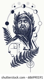 Scientist tattoo and t-shirt design. Great prophet, genius, creator of universe. Symbol of science, art, education, poetry, philosophy, psychology. Dante alighieri. God of knowledge. 