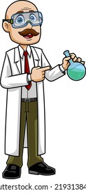 Scientist Teacher Cartoon Character With A Flask Speaks And Shows. Vector Hand Drawn Illustration Isolated On Transparent Background