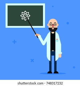 Scientist or teacher shows a model of atom on the blackboard vector illustration