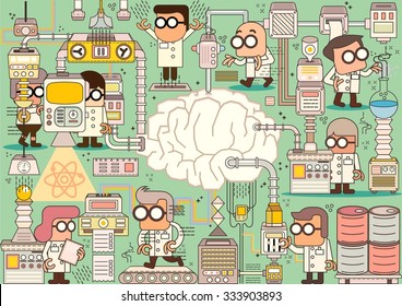 Scientist team in chemistry education research laboratory equipment, Vector illustration